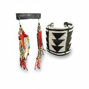 Hand Beaded Tribal Jewelry Set Fringe Earrings & Beaded Cuff Bracelet Boho